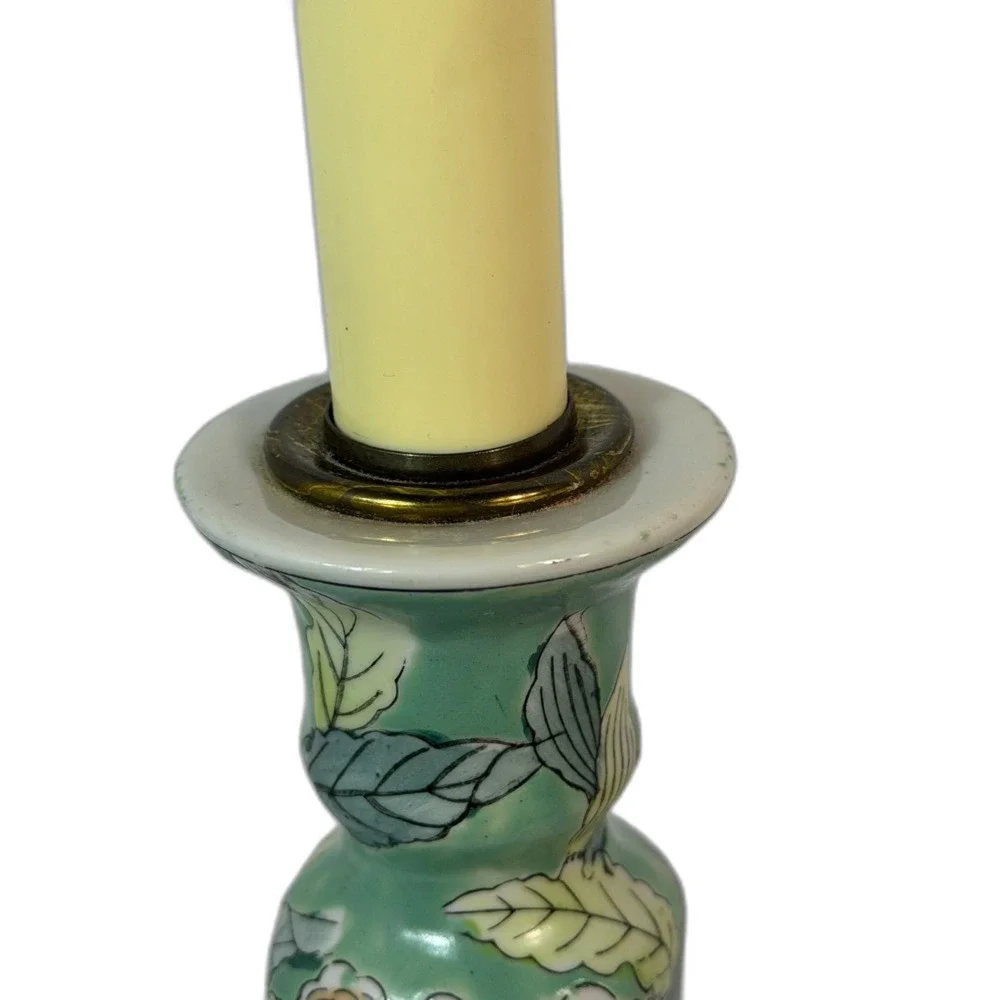 Vintage Green Floral Asian Wood Base Table Lamp Chinoserie TWO AVAIL Candlestick